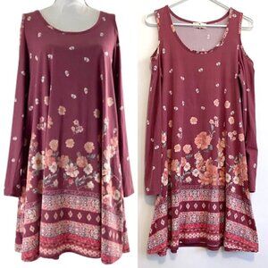 DEREK HEART Mauve Pink Floral Border Print Cold Shoulder Long Sleeve Shift Dress